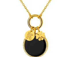 Naszyjnik ze stali szlachetnej z cyrkoniami, kryształami i detalem z masy żywicznej - koniczyna, litera K