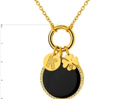 Naszyjnik ze stali szlachetnej z cyrkoniami, kryształami i detalem z masy żywicznej - koniczyna, litera K