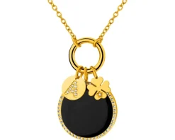 Naszyjnik ze stali szlachetnej z cyrkoniami, kryształami i detalem z masy żywicznej - koniczyna, litera A