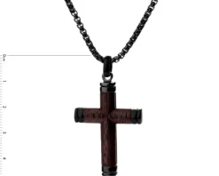 Naszyjnik ze stali szlachetnej z drewnem - krzyż