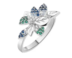 Pierścionek srebrny z cyrkoniami - liście, kwiat