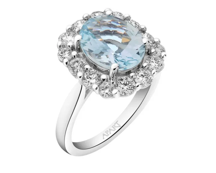 Pierścionek z białego złota z brylantami i akwamarynem - próba 585