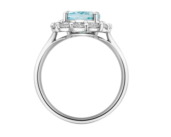 Pierścionek z białego złota z brylantami i akwamarynem - próba 585