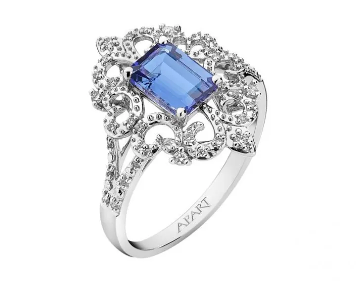 Pierścionek z białego złota z brylantami i tanzanitem - próba 585