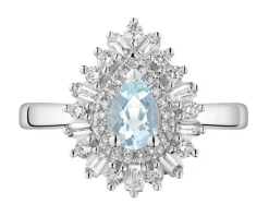 Pierścionek z białego złota z diamentami i akwamarynem - próba 585