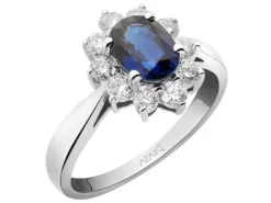 Pierścionek z białego złota z brylantami i szafirem - próba 585