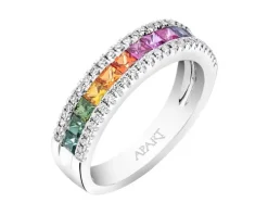 Pierścionek z białego złota z brylantami i szafirami kolorowymi - próba 585