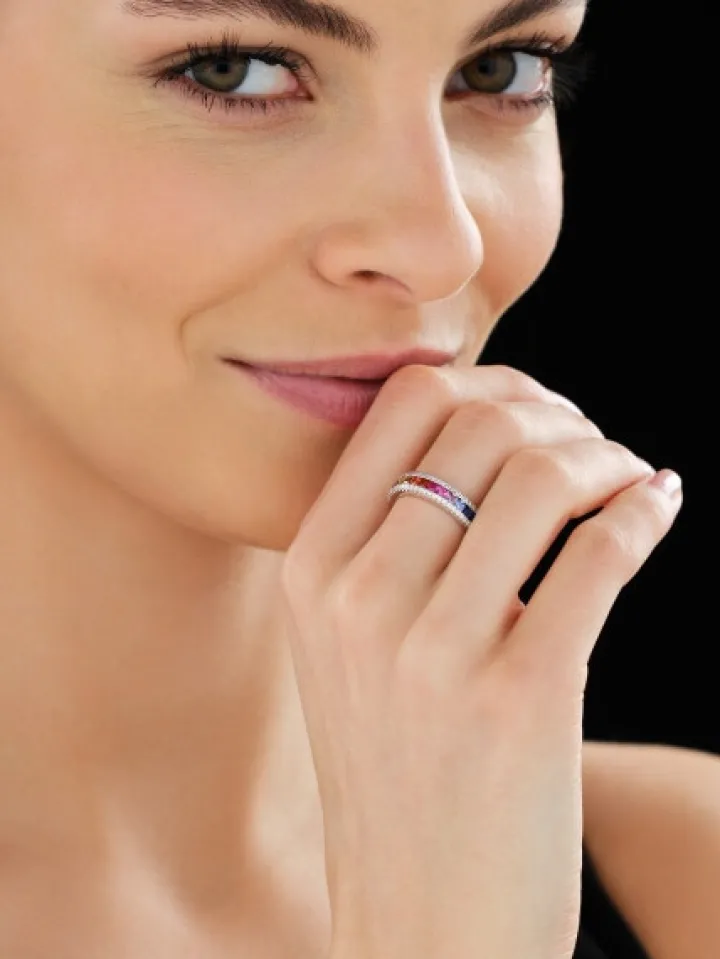 Pierścionek z białego złota z brylantami i szafirami kolorowymi - próba 585