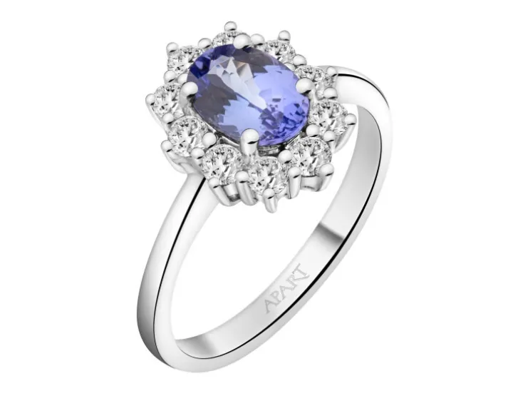 Pierścionek z białego złota z brylantami i tanzanitem - próba 585