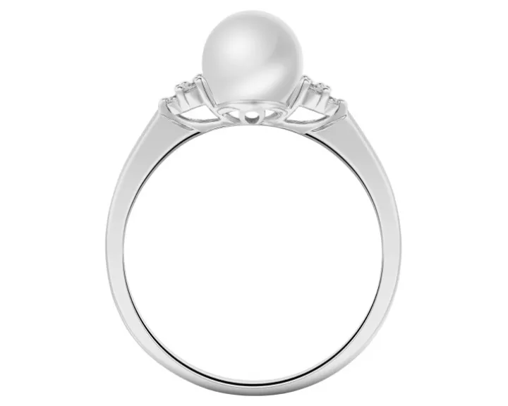 Pierścionek z białego złota z brylantami i perłą - próba 375