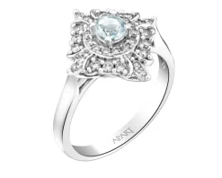 Pierścionek z białego złota z brylantami i akwamarynem - próba 585