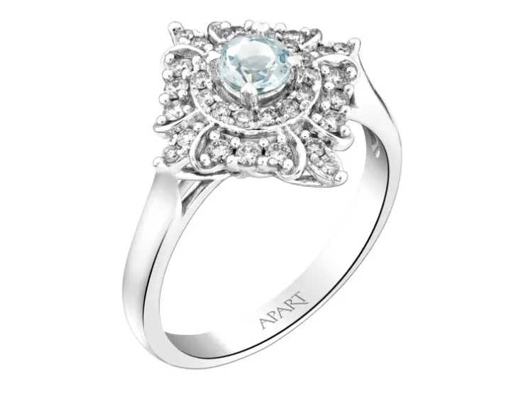 Pierścionek z białego złota z brylantami i akwamarynem - próba 585