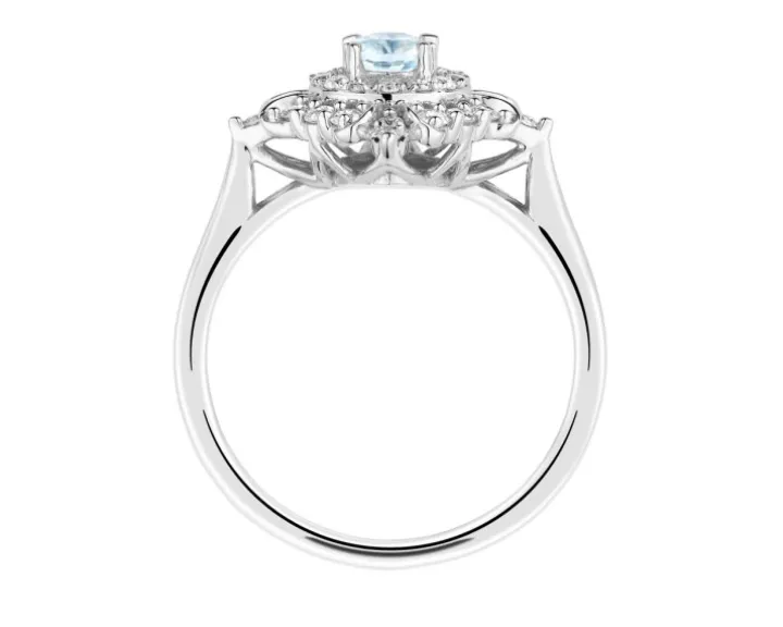 Pierścionek z białego złota z brylantami i akwamarynem - próba 585