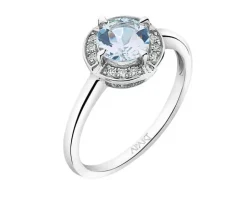 Pierścionek z białego złota z diamentami i akwamarynem - próba 585