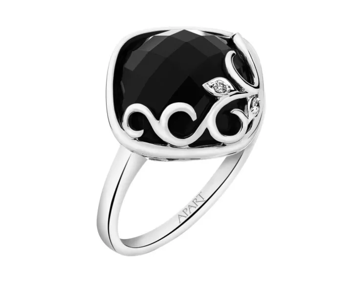 Pierścionek z białego złota diamentami i onyksem - próba 585