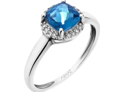 Pierścionek z białego złota z diamentami i topazem London Blue - próba 375