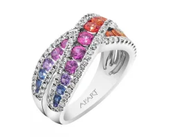 Pierścionek z białego złota z brylantami i szafirami kolorowymi - próba 585