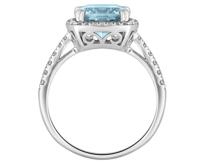 Pierścionek z białego złota z brylantami i akwamarynem - próba 585