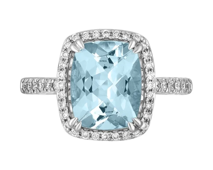 Pierścionek z białego złota z brylantami i akwamarynem - próba 585