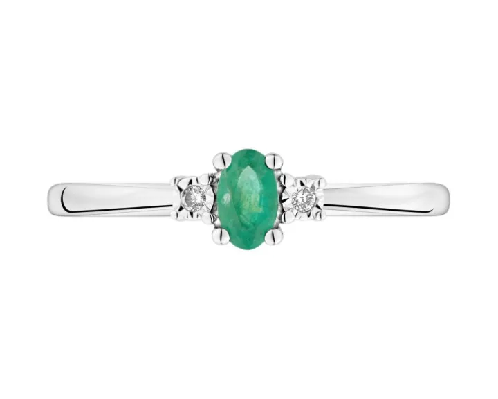 Pierścionek z białego złota z brylantami i szmaragdem - próba 585