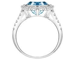 Pierścionek z białego złota z brylantami i topazem London Blue - próba 585