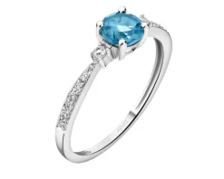 Pierścionek z białego złota z diamentami i topazem London Blue - próba 585