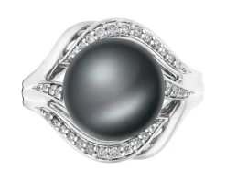 Pierścionek z białego złota z brylantami i perłą Tahiti - próba 750