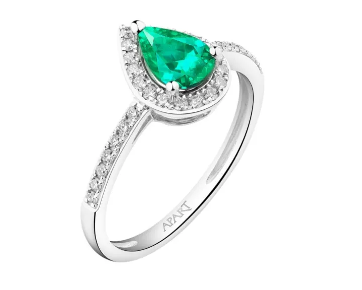 Pierścionek z białego złota z brylantami i szmaragdem - próba 585