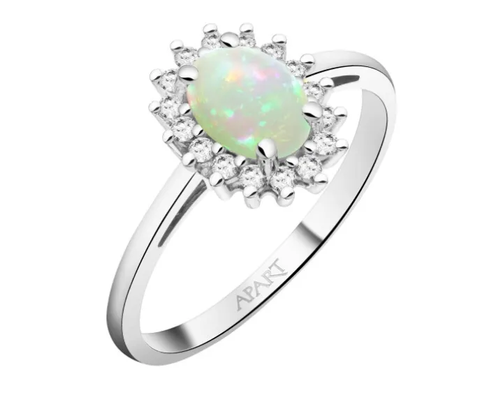 Pierścionek z białego złota z brylantami i opalem - próba 585
