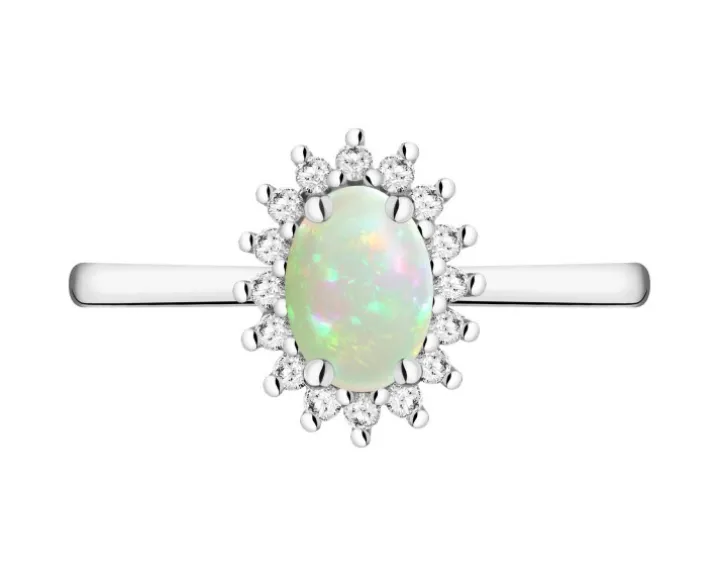 Pierścionek z białego złota z brylantami i opalem - próba 585