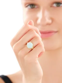 Pierścionek z mosiądzu pozłacany z amazonitem i cyrkoniami