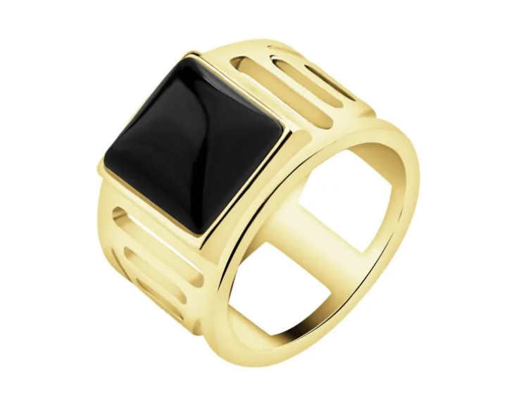 Pierścionek z mosiądzu pozłacany z agatem - sygnet