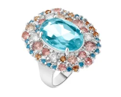 Pierścionek z mosiądzu rodowany z cyrkoniami i szklanym detalem