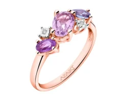 Pierścionek z różowego złota z diamentami, ametystami i tanzanitem - próba 375