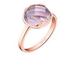 Pierścionek z różowego złota z diamentami i ametystem - liście - próba 585