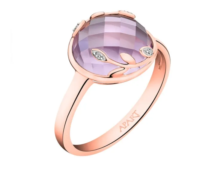 Pierścionek z różowego złota z diamentami i ametystem - liście - próba 585