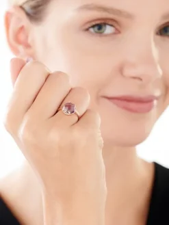 Pierścionek z różowego złota z diamentami i ametystem - liście - próba 585