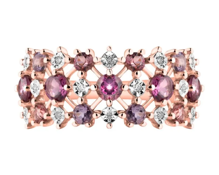 Pierścionek z różowego złota z diamentami i kamieniami ozdobnymi - próba 585