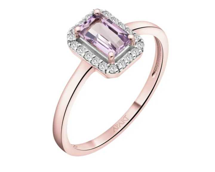 Pierścionek z różowego złota z diamentami i ametystem - próba 585