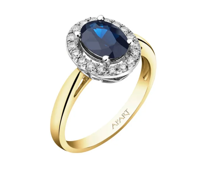 Pierścionek z żółtego i białego złota z brylantami i szafirem - próba 585