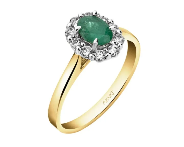 Pierścionek z żółtego i białego złota z brylantami i szmaragdem - próba 585