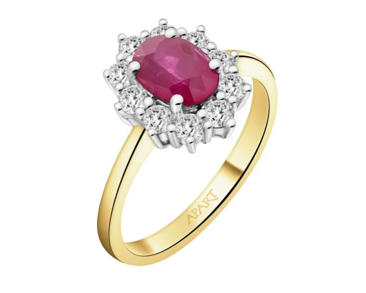 Pierścionek z żółtego i białego złota z brylantami i rubinem - próba 585