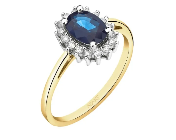 Pierścionek z żółtego i białego złota z brylantami i szafirem - próba 585