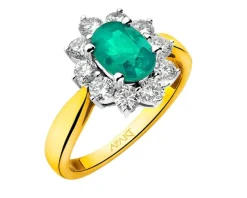 Pierścionek z żółtego i białego złota z brylantami i szmaragdem - próba 585