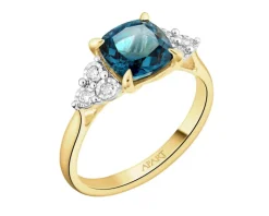 Pierścionek z żółtego i białego złota z brylantami i topazem London Blue - próba 585