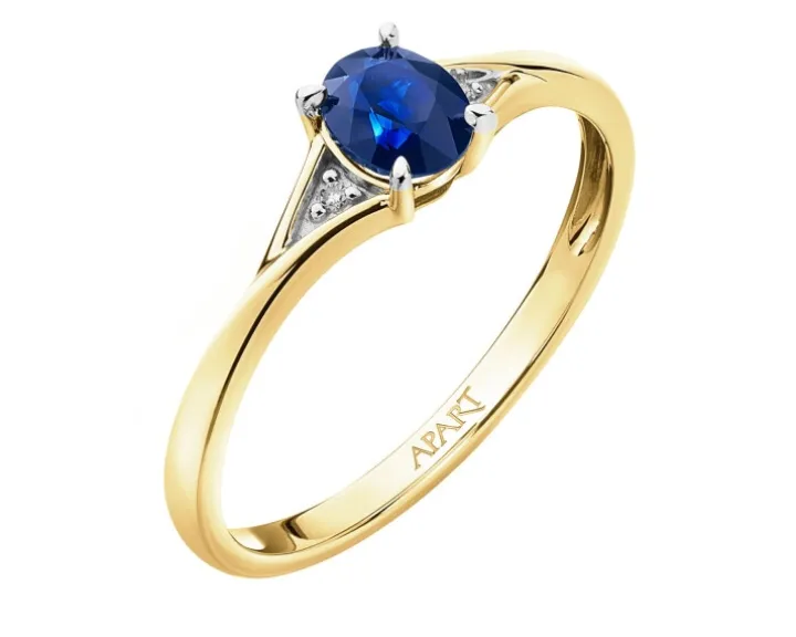 Pierścionek z żółtego złota z diamentami i szafirem - próba 585