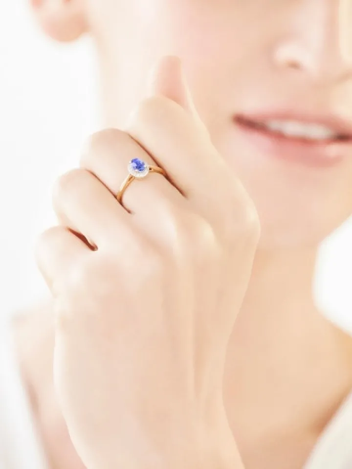 Pierścionek z żółtego złota z diamentami i tanzanitem - próba 585