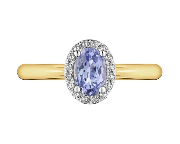 Pierścionek z żółtego złota z diamentami i tanzanitem - próba 585