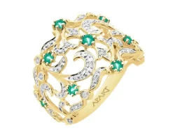 Pierścionek z żółtego złota z brylantami i szmaragdami - próba 585