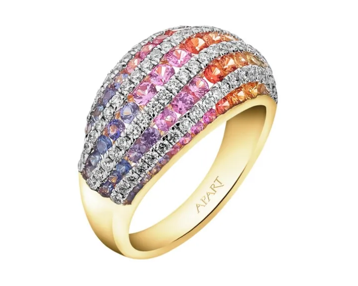 Pierścionek z żółtego złota z brylantami i szafirami kolorowymi - próba 585